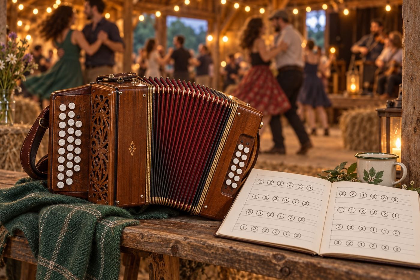 Accordéon diatonique Sol/Do à soufflet rouge posé sur un banc de bois dans une grange de bal folk, avec une feuille de tablature à ronds numérotés